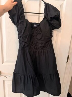 GAP Black Puff Sleeve Smocked Mini Dress | Petite Small
